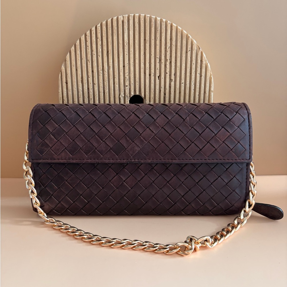 Bottega Veneta Dark Brown Woven Leather Bag with Gold Chain